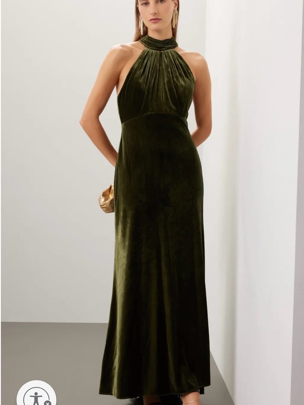 Halter-Neck Velvet Maxi Dress in Olive Green